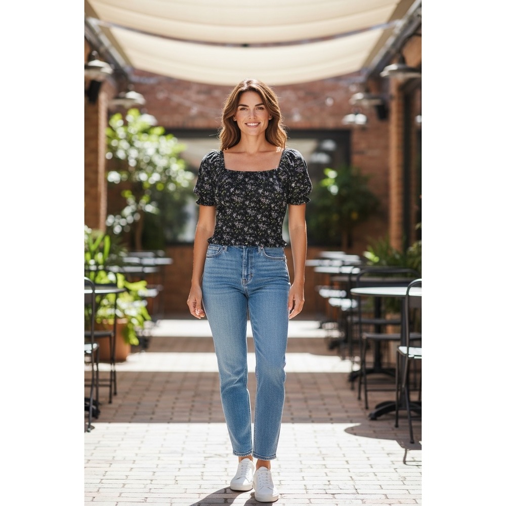 Madewell Floral Smocked Square Neck Puff‎ Sleeve Crop Top Blouse Medium NWT